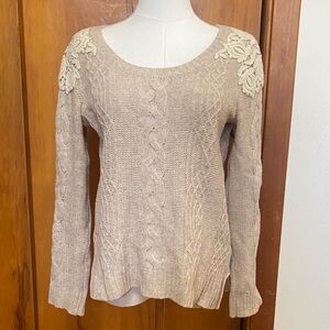 Anthropologie Knitted & Knotted Tan Cable Knit Sweater Cream Appliqué Shoulders